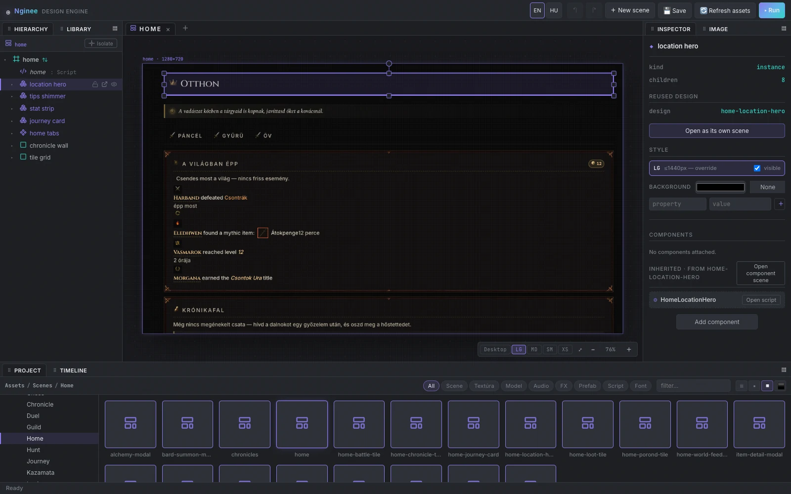 Nginee editor with hierarchy, canvas, inspector and project panels